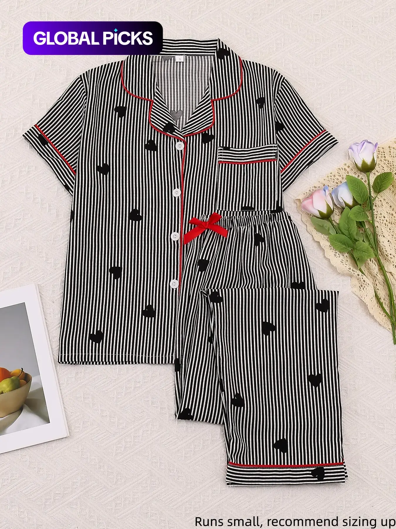 Women's Sleepwear Set, Feminine Sweet Casual Home Clothes Loungewear Homewear, Short Sleeve Pajamas Bow Tie Pants, Elegant Simple Striped Heart Print, All Seasons Wear