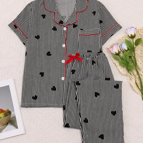 【Black Friday】Women's Sleepwear Set, Feminine Sweet Casual Loungewear, Short-Sleeve Pajama Top with Bow-Tie Pants, Elegant Simple Striped Heart Print, Pajama Set for All Seasons #GLOBAL PICKS