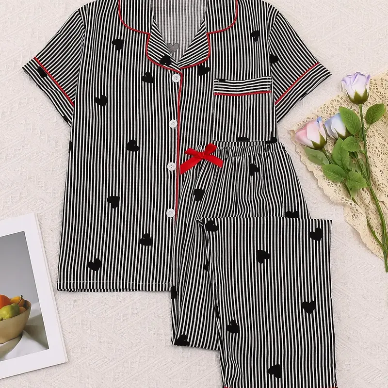 【Black Friday】Women's Sleepwear Set, Feminine Sweet Casual Loungewear, Short-Sleeve Pajama Top with Bow-Tie Pants, Elegant Simple Striped Heart Print, Pajama Set for All Seasons #GLOBAL PICKS
