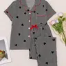 【Black Friday】Women's Sleepwear Set, Feminine Sweet Casual Loungewear, Short-Sleeve Pajama Top with Bow-Tie Pants, Elegant Simple Striped Heart Print, Pajama Set for All Seasons #GLOBAL PICKS