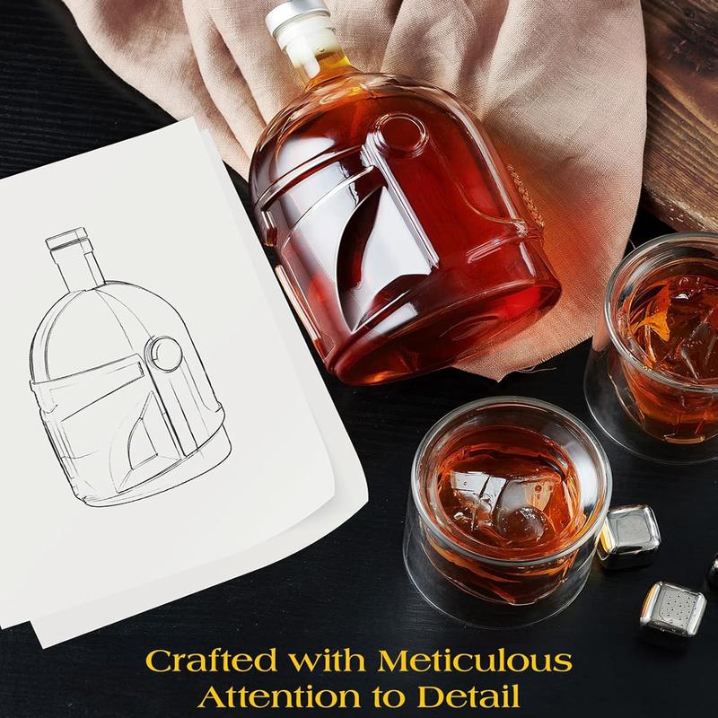 Helmet Whiskey Decanter Set, 34oz Lead-Free Glass Liquor Bottle With 2 Glasses & 4 Whiskey Stones, Unique Bourbon Decanter Gift For Dad, Men, Home Bar, Perfect For Spirits, Birthday Halloween Christmas Gifts