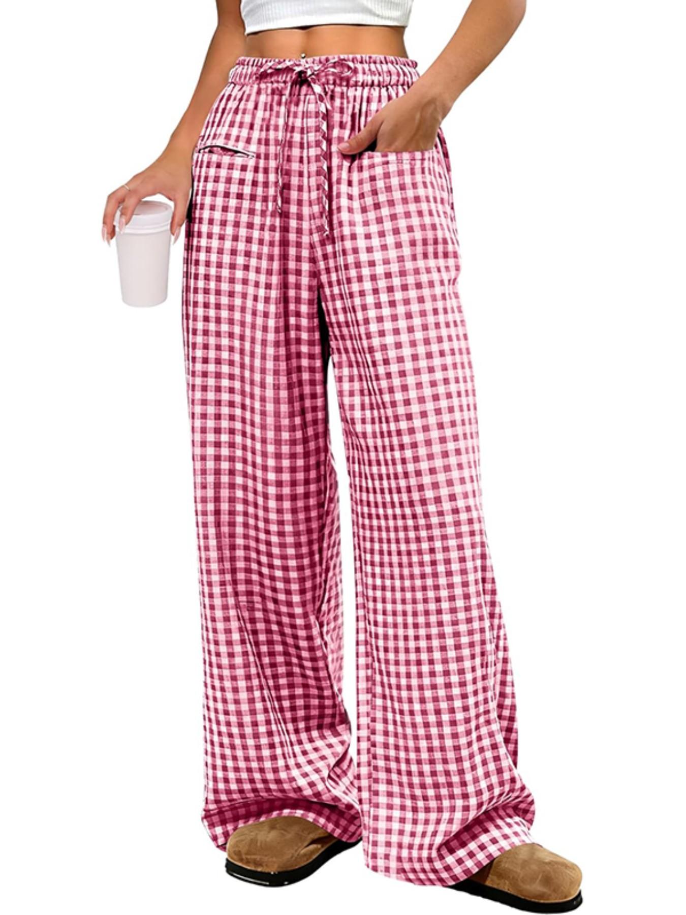 Women's Plaid Wide Leg Pants, Casual Loose-Fitting Drawstring Design, Comfortable Elastic Waist with Pockets, All Seasons Fashion, Womenswear