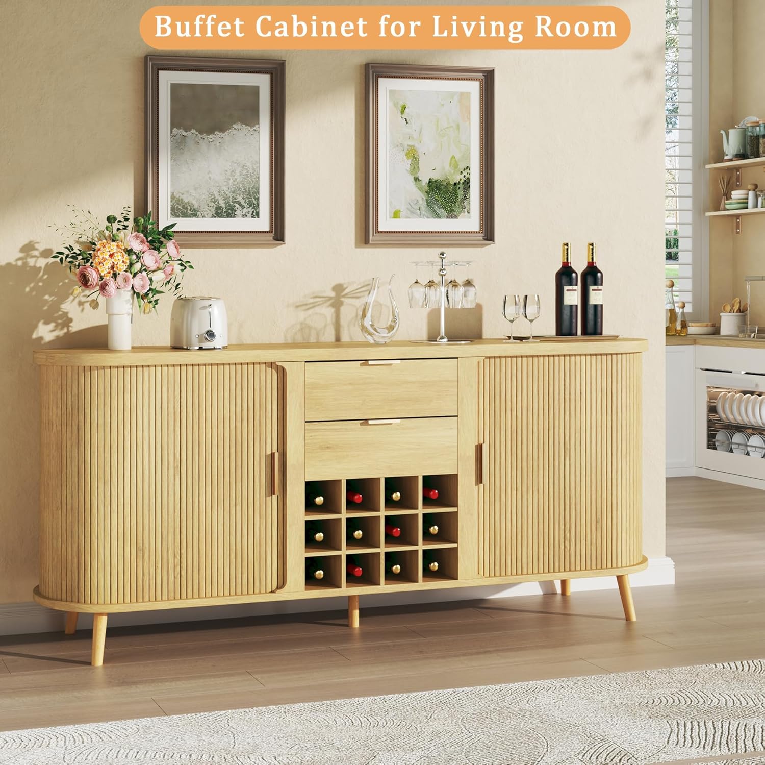 Sideboard Buffet Cabinet with Storage, 58" Fluted Tambour with 12 Wine Tanks, Adjustable Shelves, 2 Drawers, Mid Century Modern Console for Kitchen Living Room
