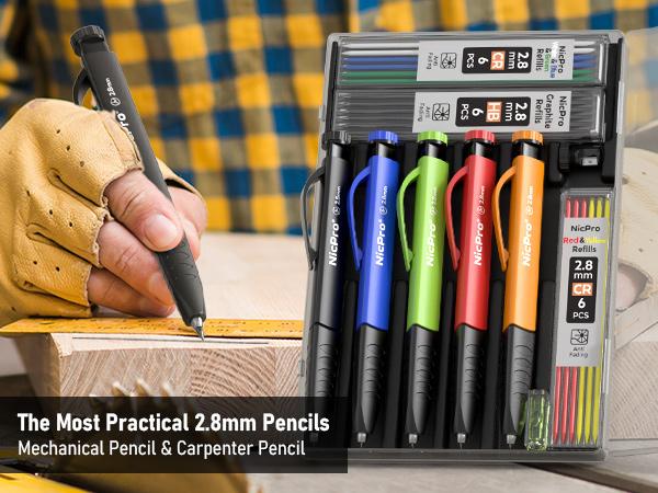Nicpro 6 Pack Upgraded 3-IN-1 Carpenter Pencil Set with Finger Grip, Construction Pencils with 54 Refill & Mini Spirit Level, Deep Hole Carpenter Tool, Mechanical Carpenter Pencil for Woodworking