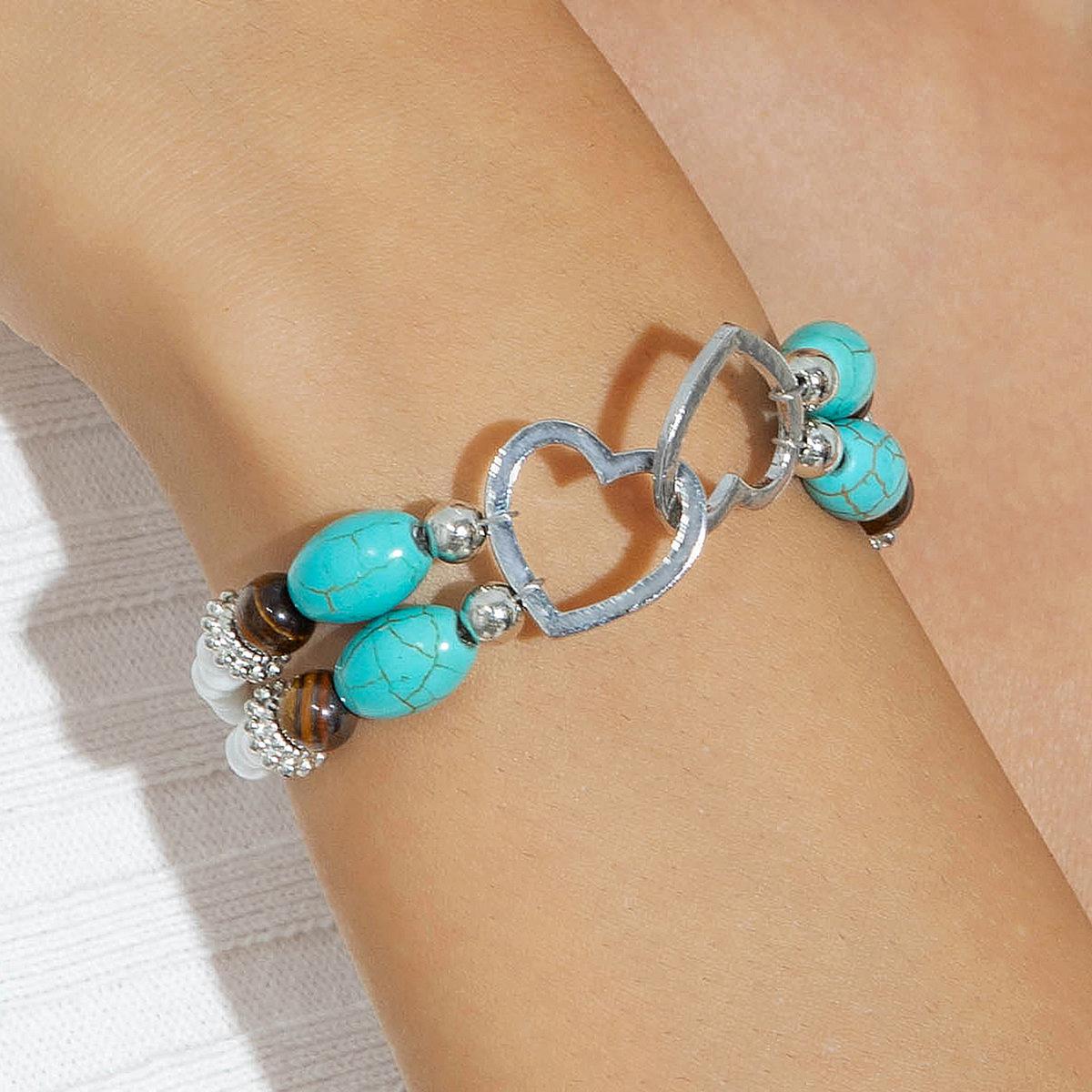 Boho Vacation Style Beaded Turquoise Jewelry Set, Metal Heart Jewelry, Elegant Accessories for Women, Perfect Gift Idea