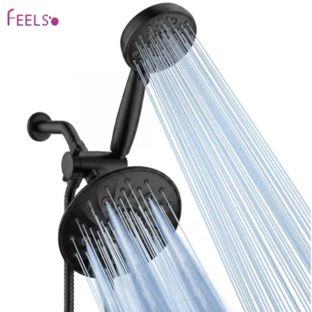 FEELSO 8" High Pressure Rain Showerhead,7+8 Modes Dual Shower Head, Anti-Clog Nozzles, 71” Shower Hose Extra Long, Adjustable Holder, Shower Separately or Together