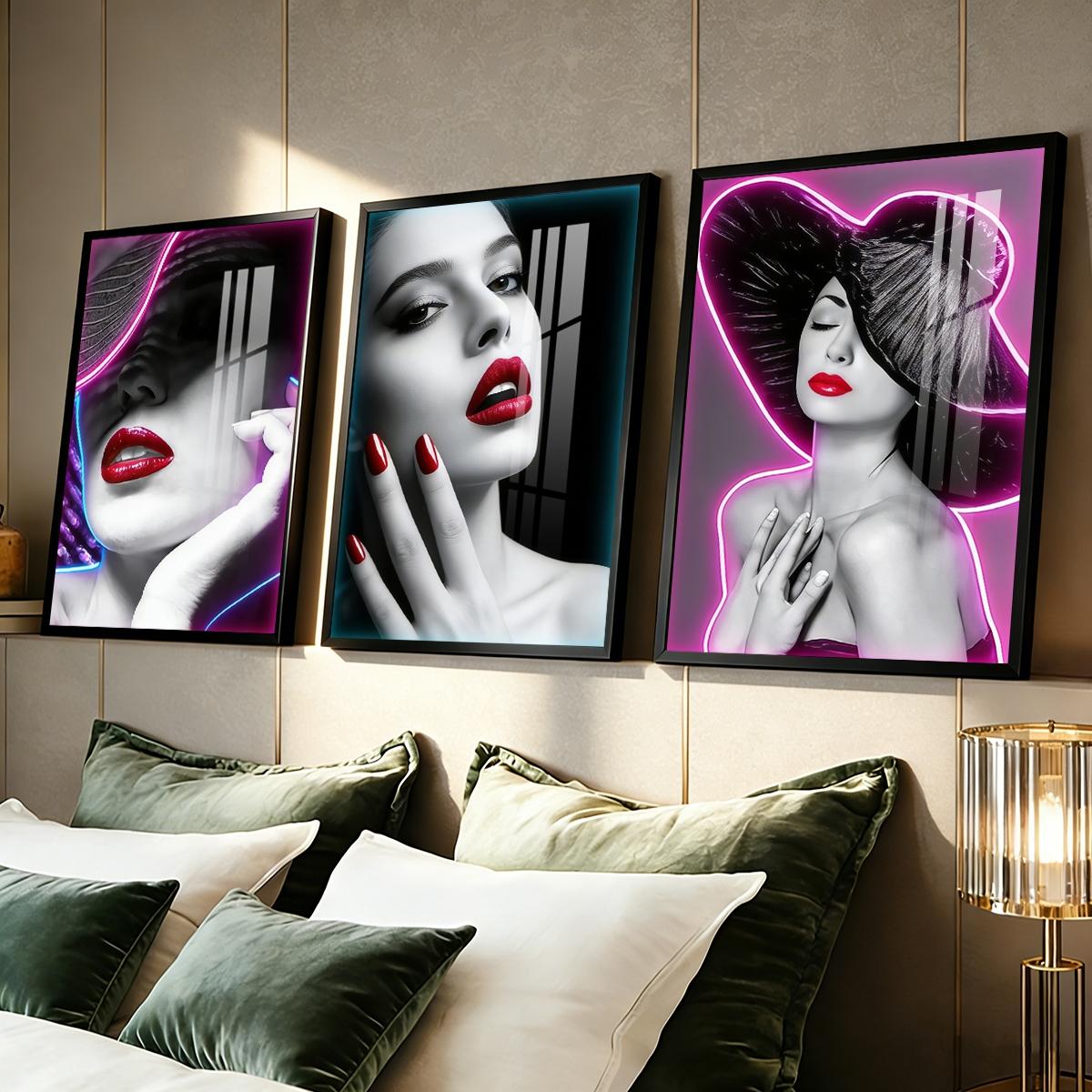 3 Counts Aluminum Alloy Framed Painting, Neon Beauty Portrait Art With Red Lips And Nails, Home Decoration For Living Room, Bedroom, Office, Restaurant, Hallway Wall Decor, Odorless Print Artwork, Luxury Perfect Gift For Friends And Family
