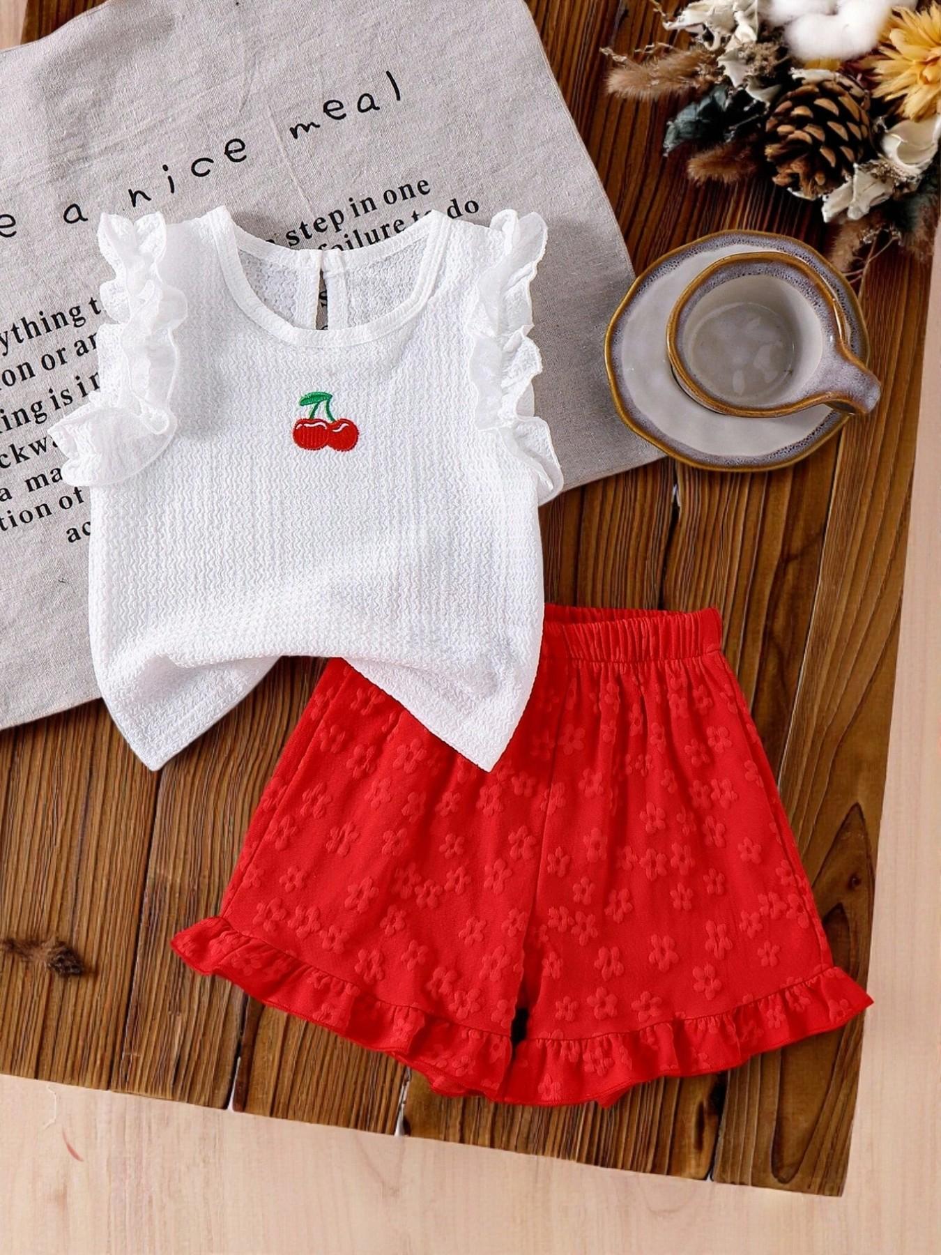 Girls' Textured Fabric Embroidered Summer Two-Piece Set, Cute 3D Pattern Fashion, Essential for Stylish Girls Clothes Kids