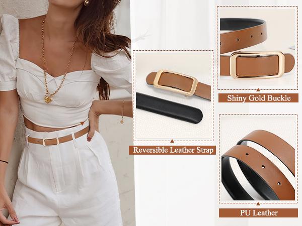 JASGOOD Women Reversible Leather Belt Two-in-One Ladies Fashion Skinny Waist Belt for Pants Jeans  Dresses