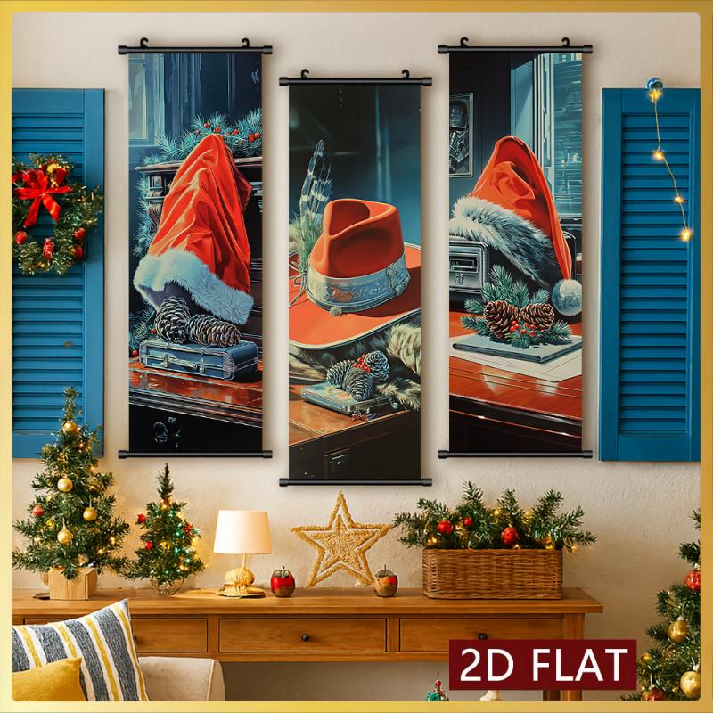 3Pcs Creative Christmas Hat Theme Hanging Scroll Poster Modern Minimalist Home Decor Paintings Odorless And Fade-Resistant Suitable For Bedroom Children'S Room Living Room Study Wall Decoration