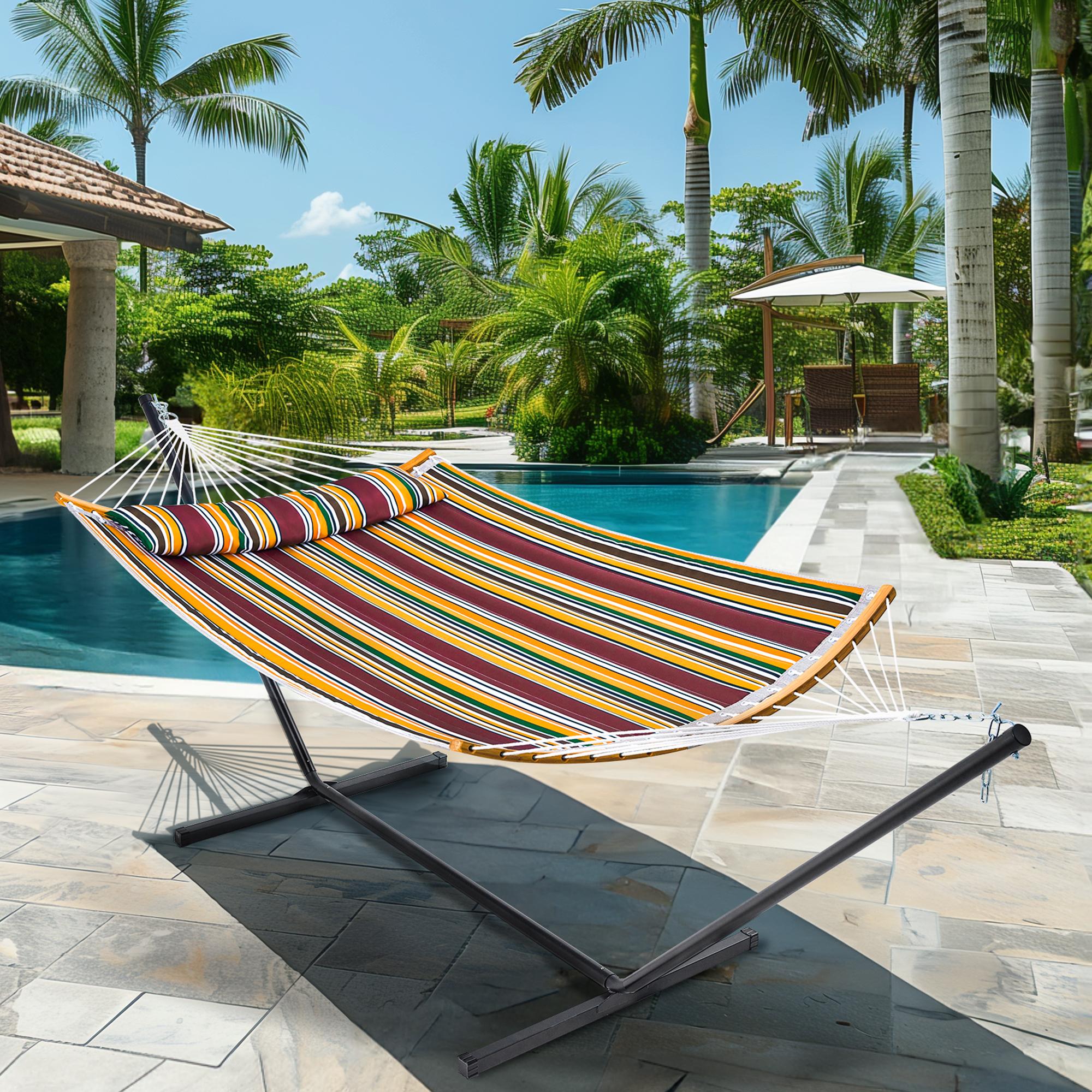 SUPERJARE Hammock with Stand, 2 Person Heavy Duty Hammock with Padded Cotton, Detachable Pillow & Strong Curved-Bar & Portable Carrying Bag, Perfect for Outdoor & Indoor