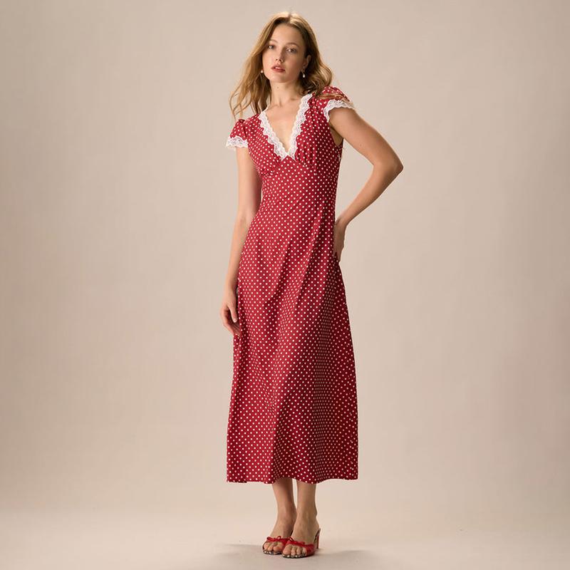 The Red V Neck Polka Dot Lace Ruched Maxi Dress Vneck Summer