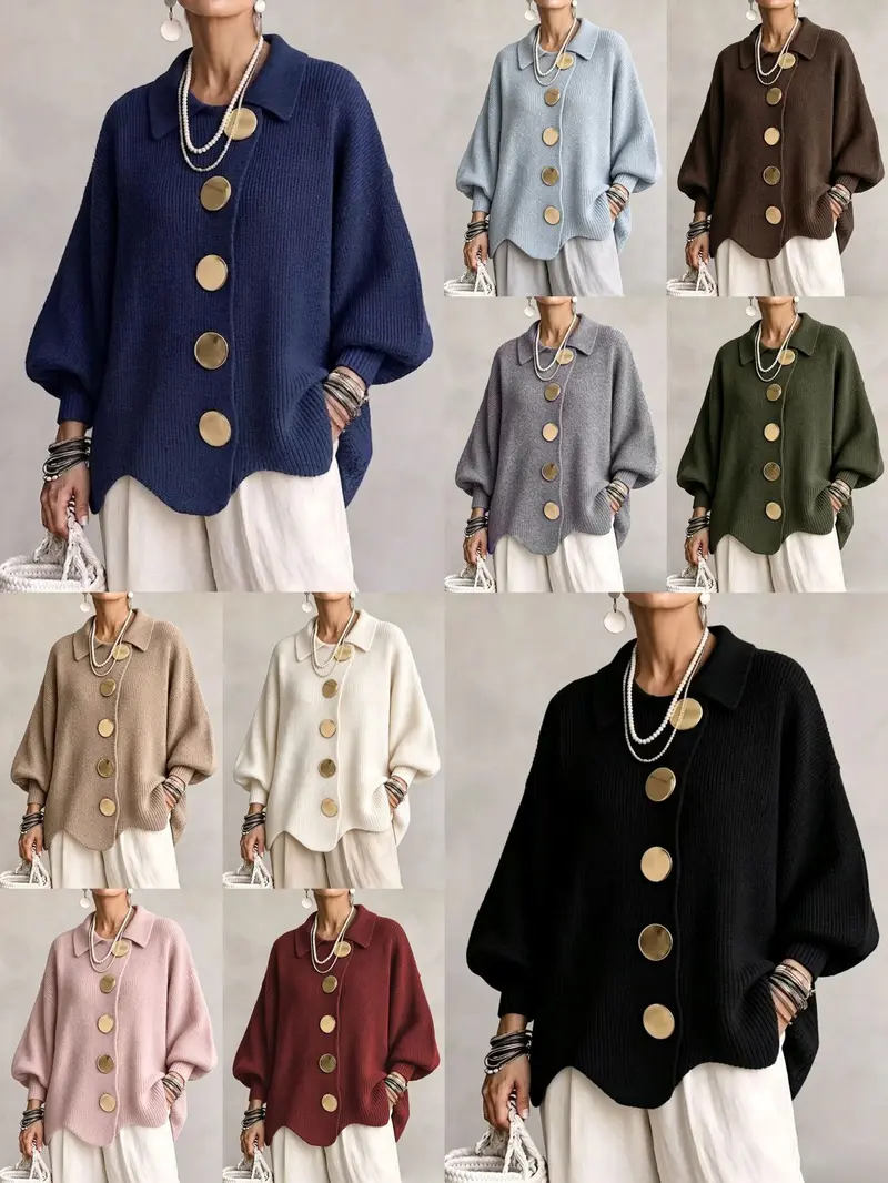 Women's French lapel knit cardigan with big metal buttons – image 3