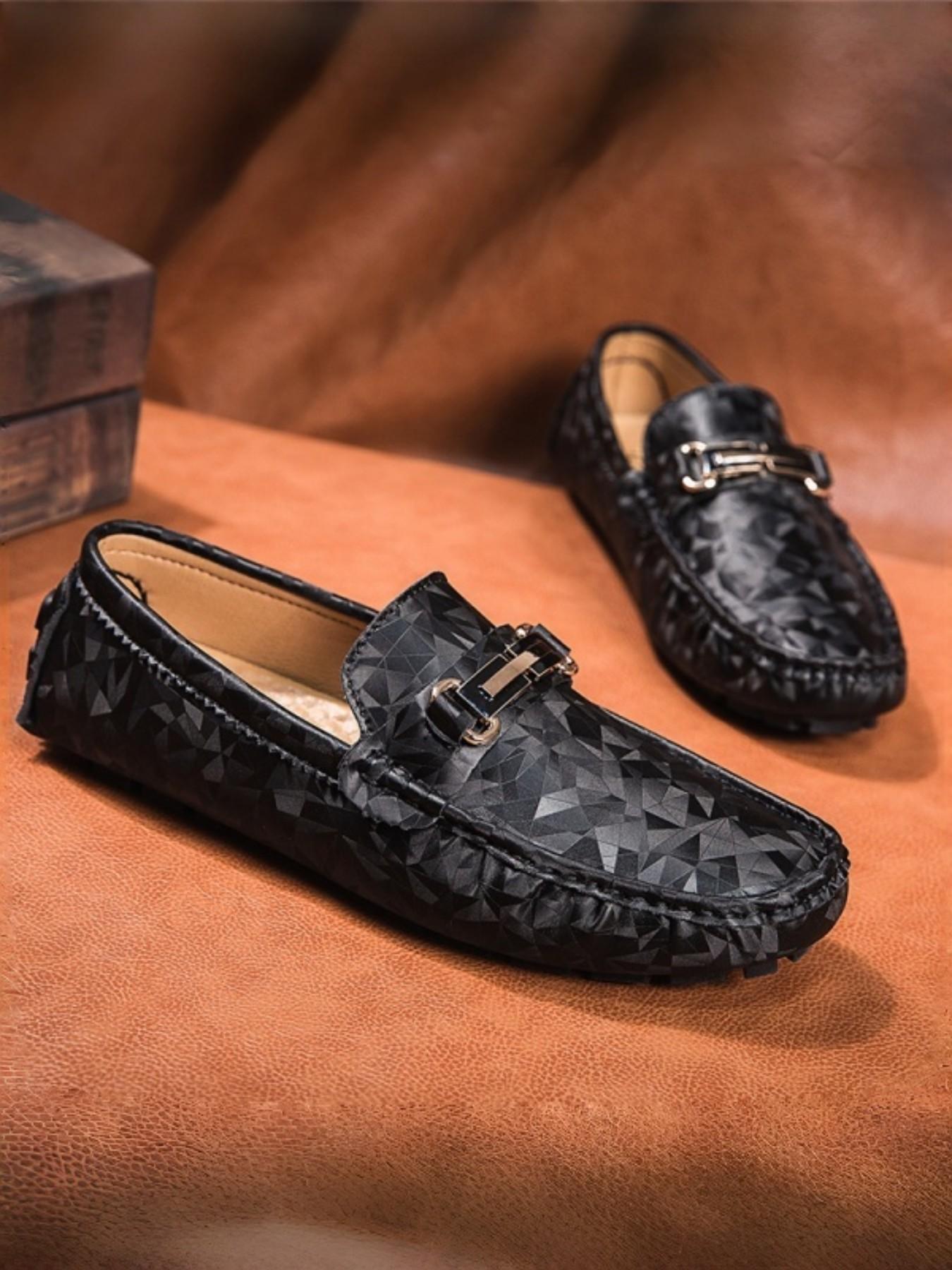 Men's Plaid Buckle Loafers, Daily Commute/style, Glossy Embossed Texture, Metallic Decorative Buckles, Trendy Casual Shoes