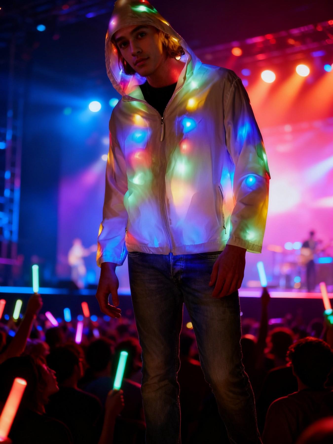 Men's LED Glow Hooded Sun Protection Jacket, Fashionable Reflective Design, Soft Comfort, All-Season Party Outerwear, Music Festival Style