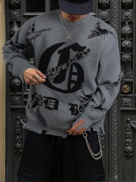 Men's & Women's Street Gothic Letter Print Sweater, Casual Loose-Fit Knitted Pullover, Round Neck Long Sleeve Drop Shoulder Top, Knitwear