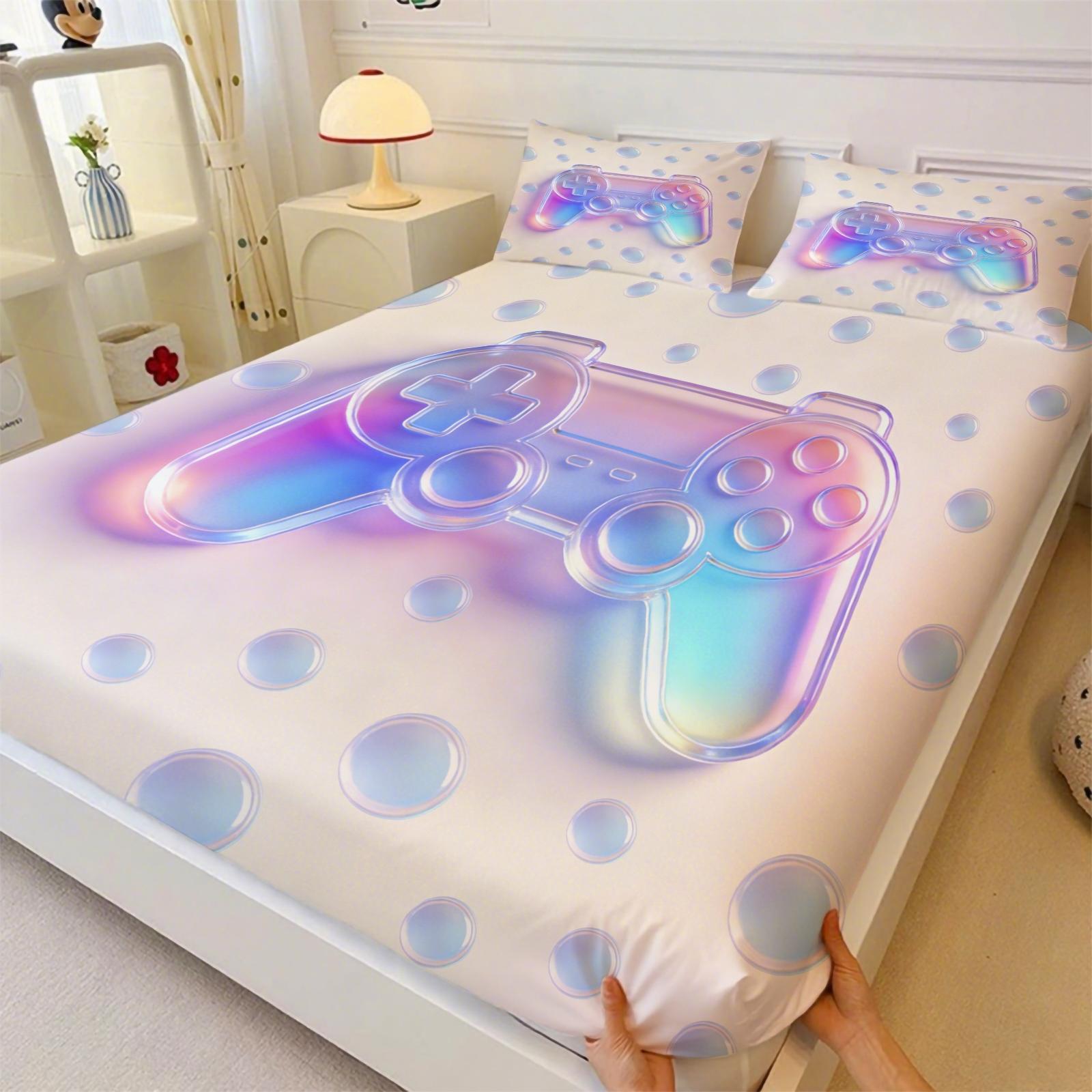 3-Piece Laser Game Controller Bed Skirt Set Fitted Sheet Set, Soft Breathable Fabric, Non-Slip Design, Perfect for Gaming Room, Sweet and Cool Sleep Setup