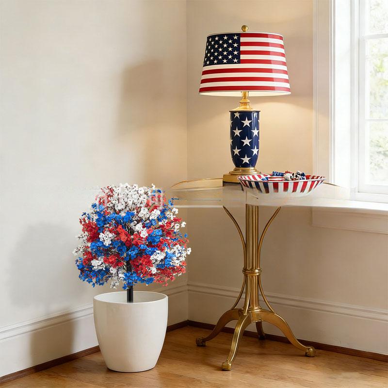 Simulated Independence Day red, white and blue simulated flowers arranged in a star-shaped pattern for ground decoration, suitable for July 4th / Independence Day party decoration, for use in indoor, outdoor gardens, bonsai, balcony or any other place.