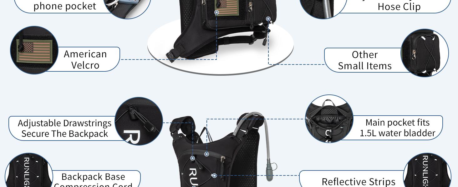 Lightweight Tactical Running Hydration Vest with Velcro Panel, 1.5L Leak-Proof Water Bladder, Adjustable Chest Pack for Unisex, Ideal for Trail Running, Hiking, Marathon and Outdoor Fitness