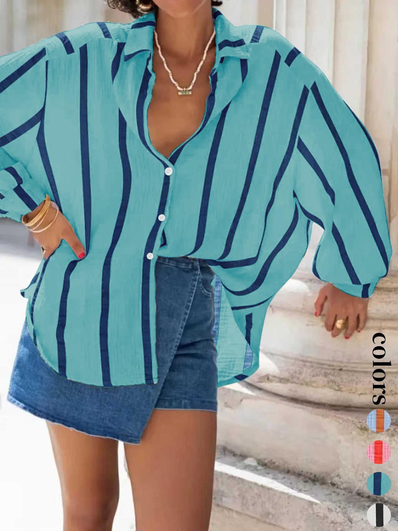 Women's Striped Print Long Sleeve Shirt Blouse, Elegant Casual Fit Button Front Top for Daily Wear, Ladies Clothes for All Seasons