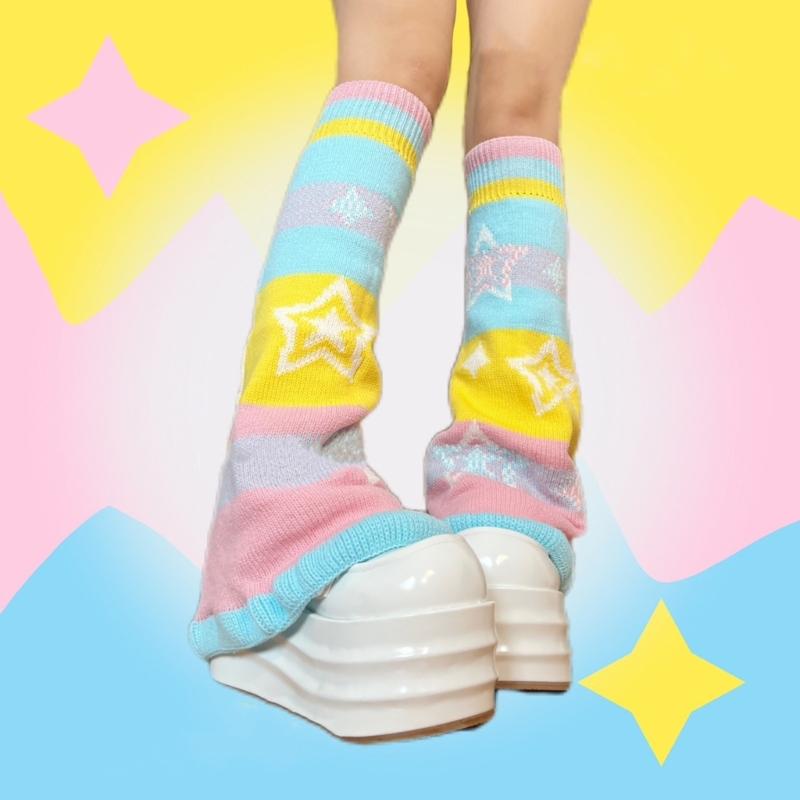 Women Girls Candy Color Rainbow Flared Leg Warmers Sweet Star Pattern Aesthetic Knitted Footless Covers Socks for Adults Teens