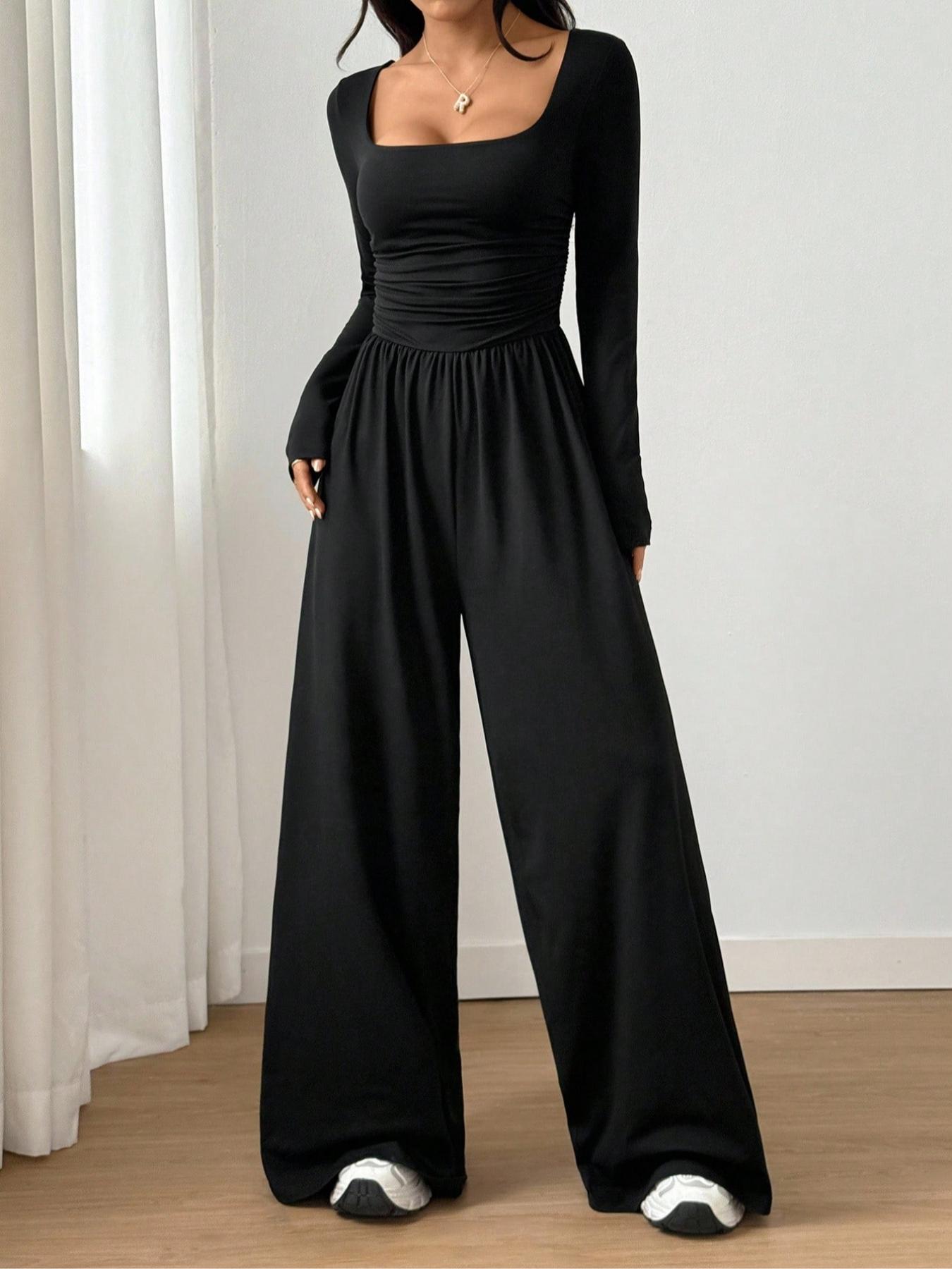 Women's Fall Winter Knit Fitted Wide Leg Jumpsuit, Casual Fashion Plain Color Round Neck One-Piece, Versatile Long Sleeve Romper