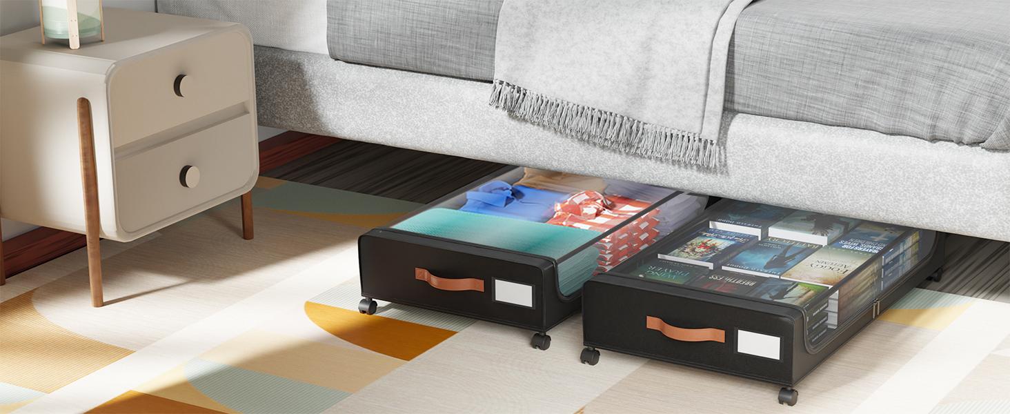 Under Bed Storage with Wheels, UnderBed Storage Containers with Clear Lid and Handles, XXL 60L Under the Bed Storage Bins Drawers for Clothes,Blankets,Shoes,Books (BLACK, 2 PACK)