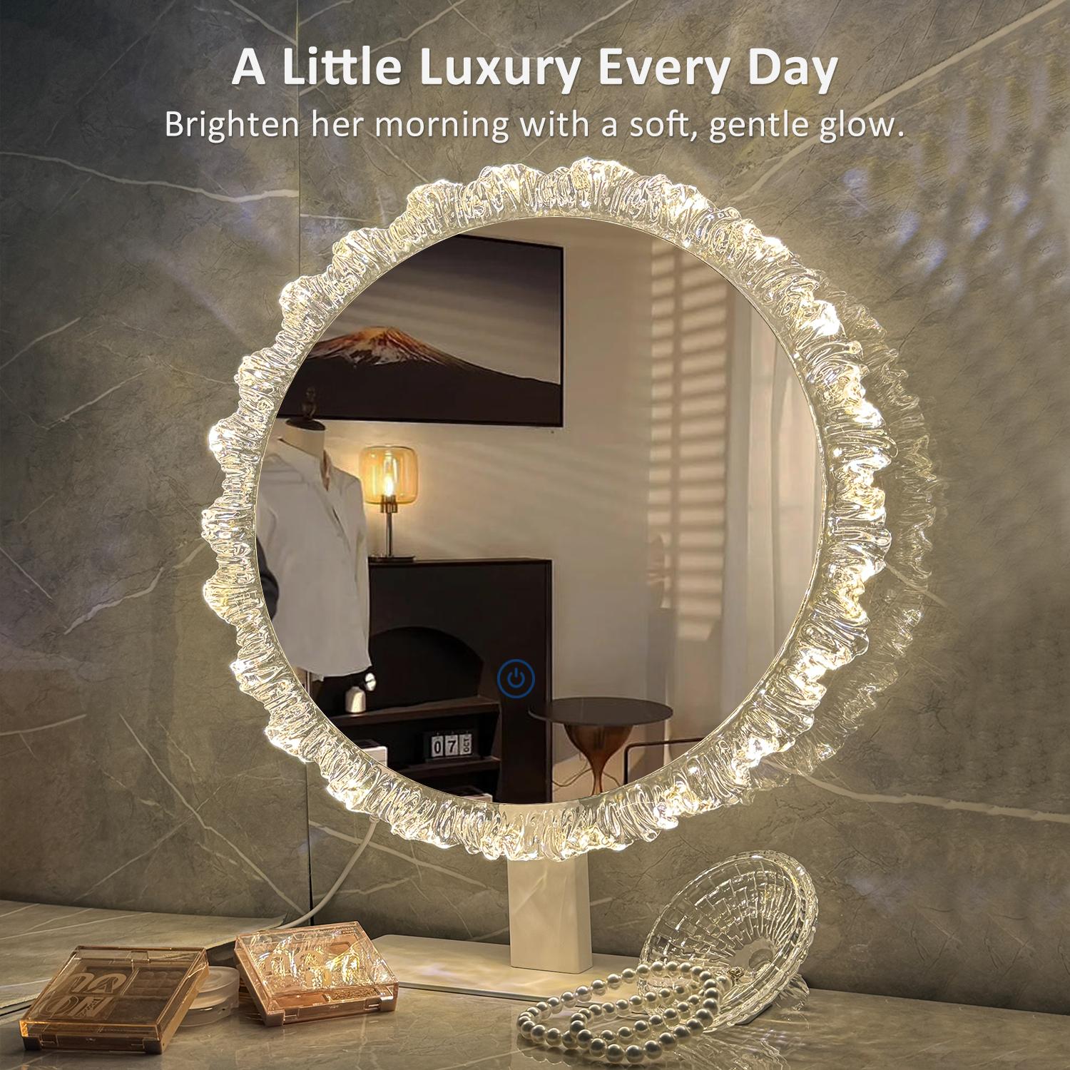 GLITGATE Iceberg 16 IN Lighted Vanity Mirror, Round Makeup Mirror With Touch Screen Control, LED Desktop Makeup Mirror, Circle Bathroom Mirrors For Over Sink,  Adjustable Brightness, 3 CCT, HD Mirror, Round Mirrors For Decor, Bedroom