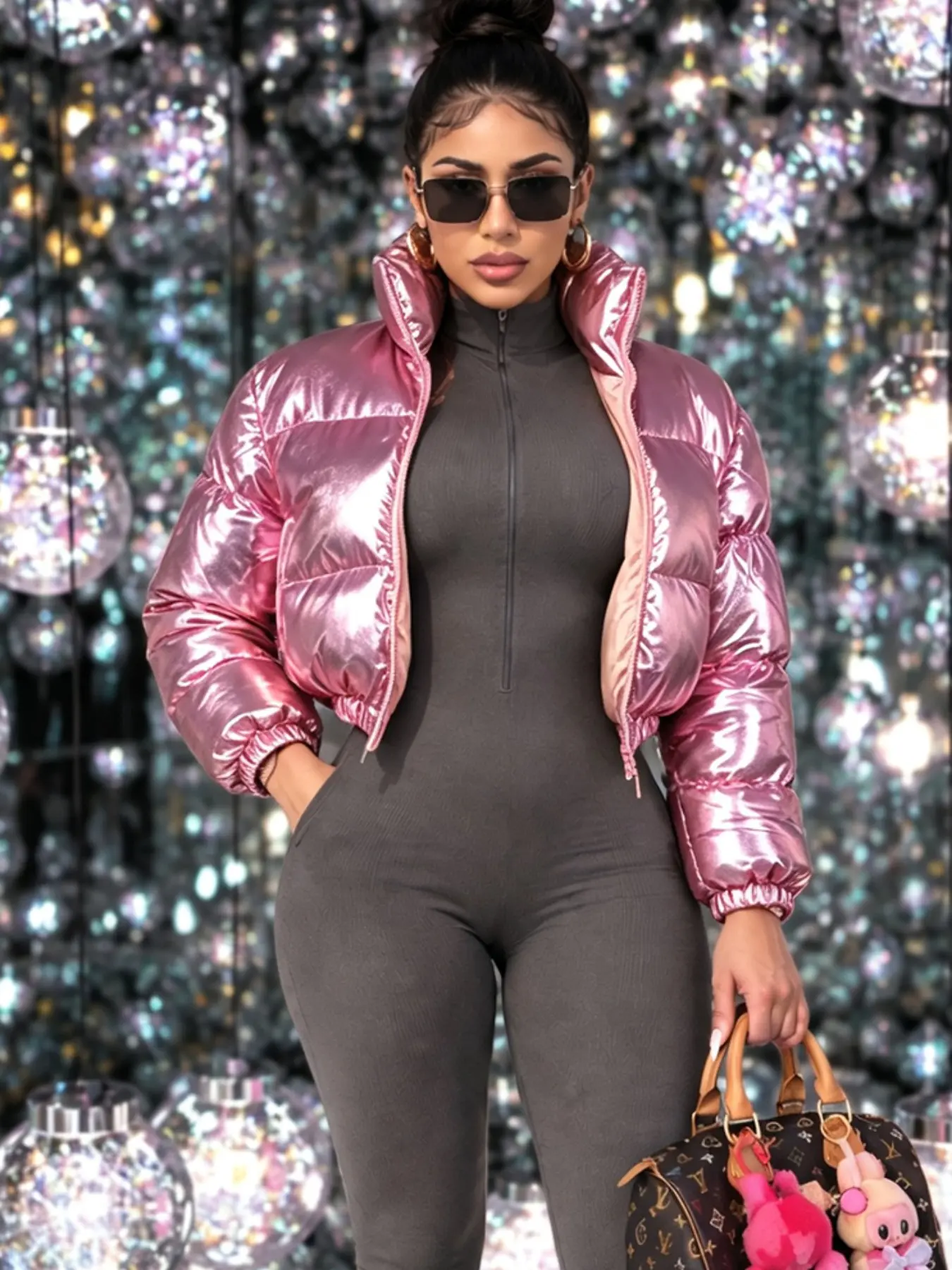 Women's Shiny Metallic Puffer Jacket Cropped Zip Up Stand Collar Padded Winter Coat Casual Streetwear Fall Winter Outerwear