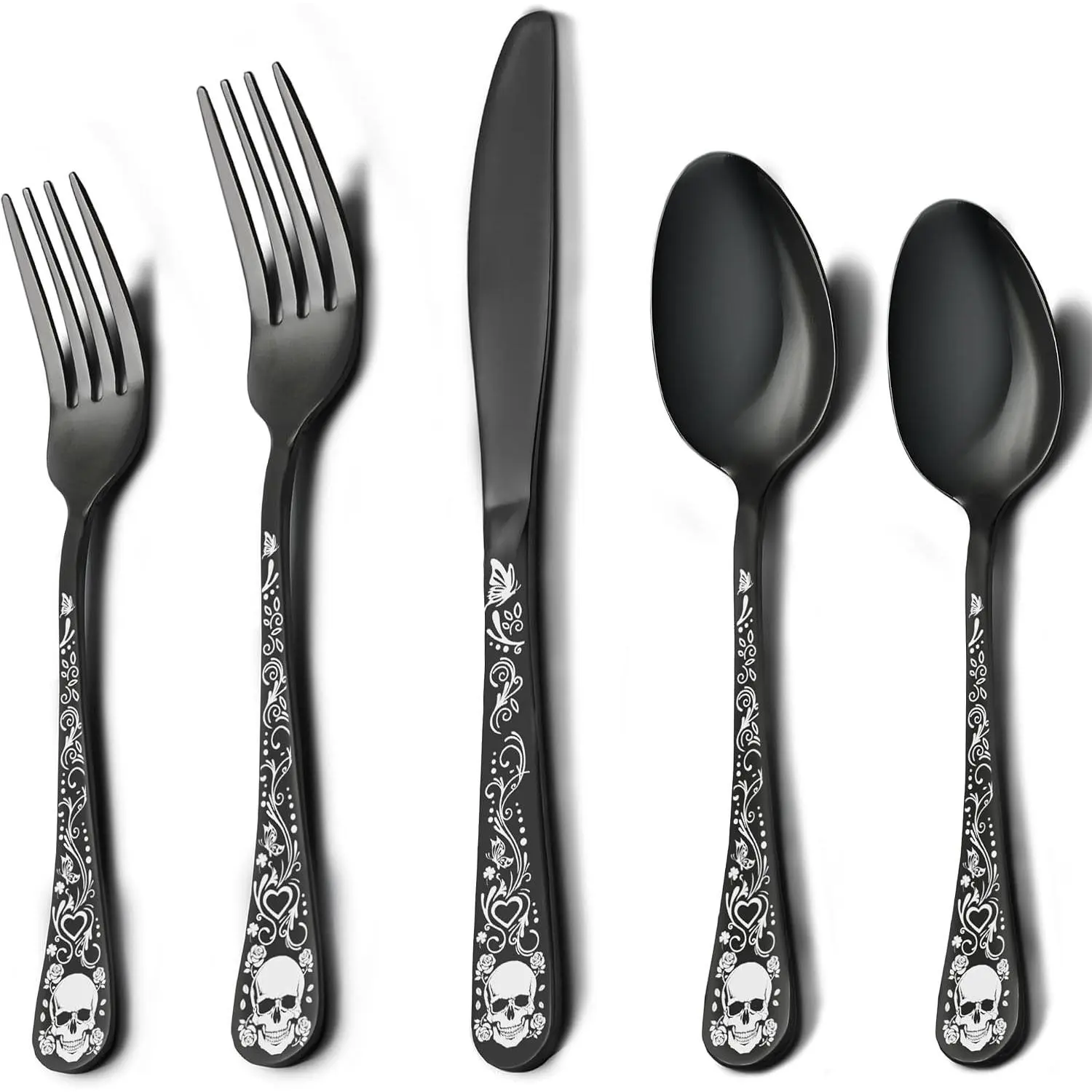 Black Silverware Set for 4, 20-Piece Flatware Set, Gothic Skeleton Cutlery for Decoration, Halloween, Christmas, Party, Gift, Housewarming