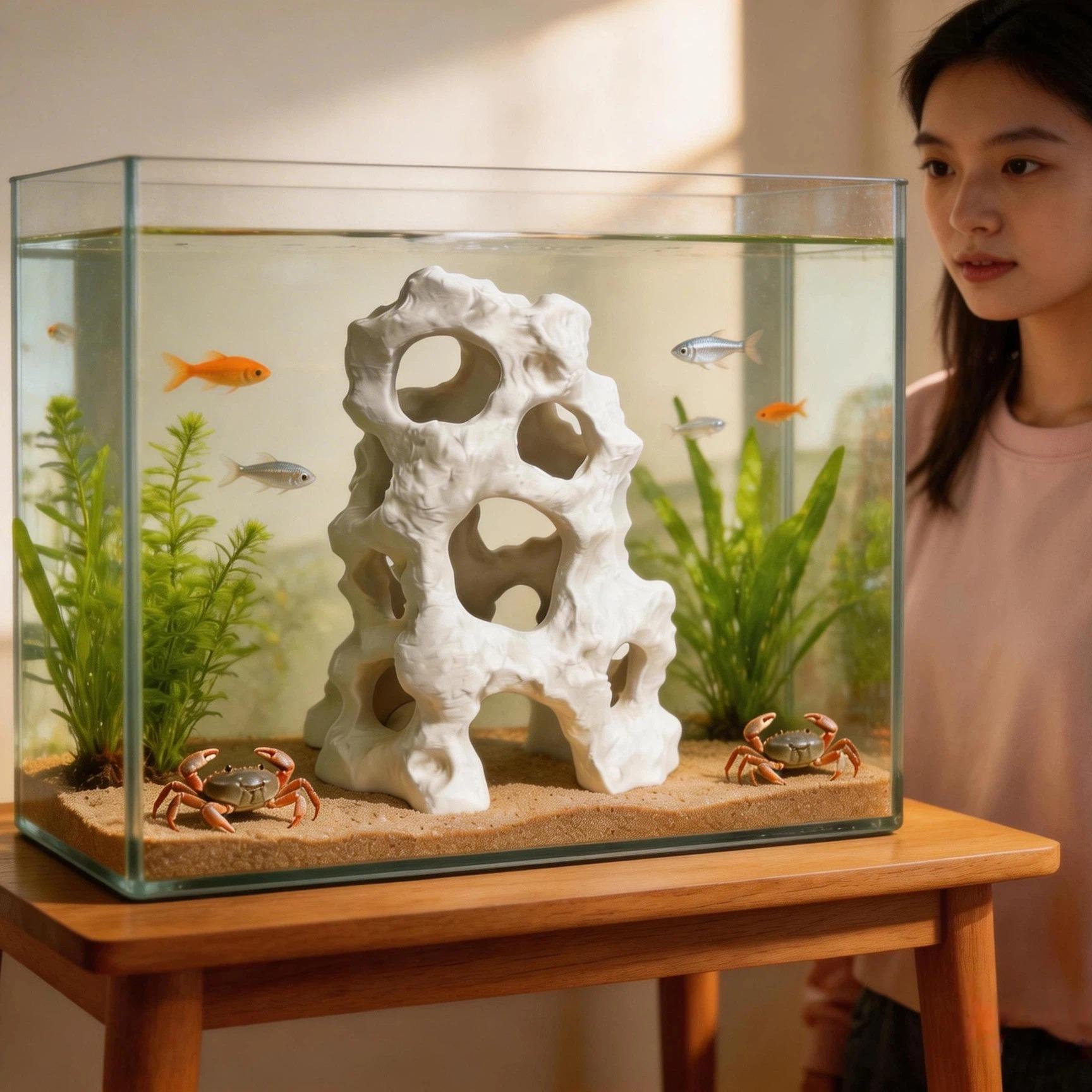 Fish Tank Decorative Hideout, 3D Printed Pla Aquarium Ornament, Hollow Cave Fish Shelter, Freshwater & Saltwater Compatible, Stress Relief for Fish