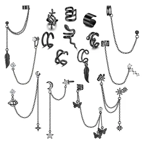 16 Pcs Black Gothic Dangle Chain Ear Cuff Pack, Gothic Earrings, Dark Punk Aesthetic for Women Men Alloy Non-Piercing Snake Leaf Butterfly Star Moon Multi-layer Hollow Spiral Cuff Tassel Linked Styles Open Adjustable