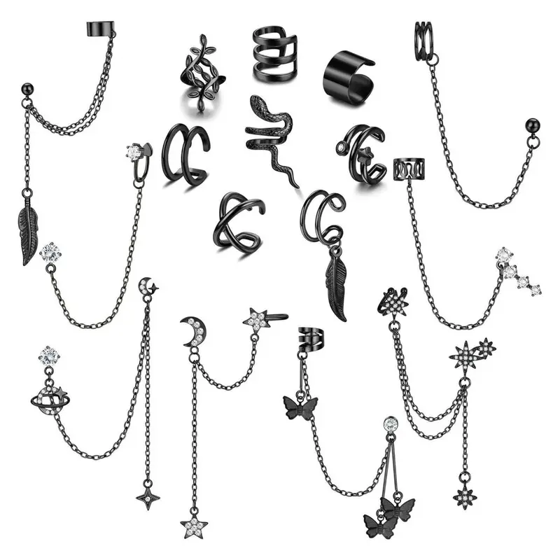 16 Pcs Black Gothic Dangle Chain Ear Cuff Pack, Gothic Earrings, Dark Punk Aesthetic for Women Men Alloy Non-Piercing Snake Leaf Butterfly Star Moon Multi-layer Hollow Spiral Cuff Tassel Linked Styles Open Adjustable