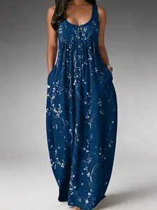 Elegant Plus Size Women's Dress, Loose Fit Slimming Tree Print Sleeveless Long Dress, Fashionable European and American Style, Chic Evening Gown, Elegance