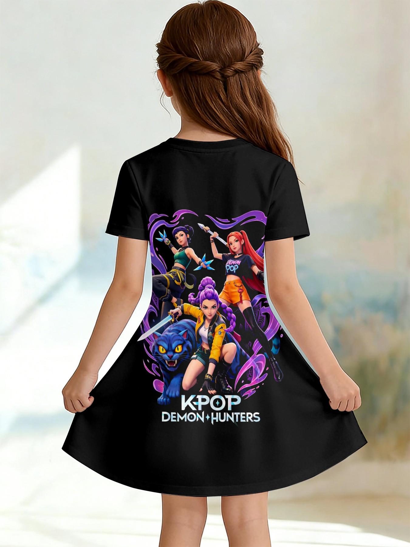 Girls' 3D Dress, Base K-Pop Demon Hunters Anime Full Print, Perfect for Parties, Festive Gifts, Birthday Presents