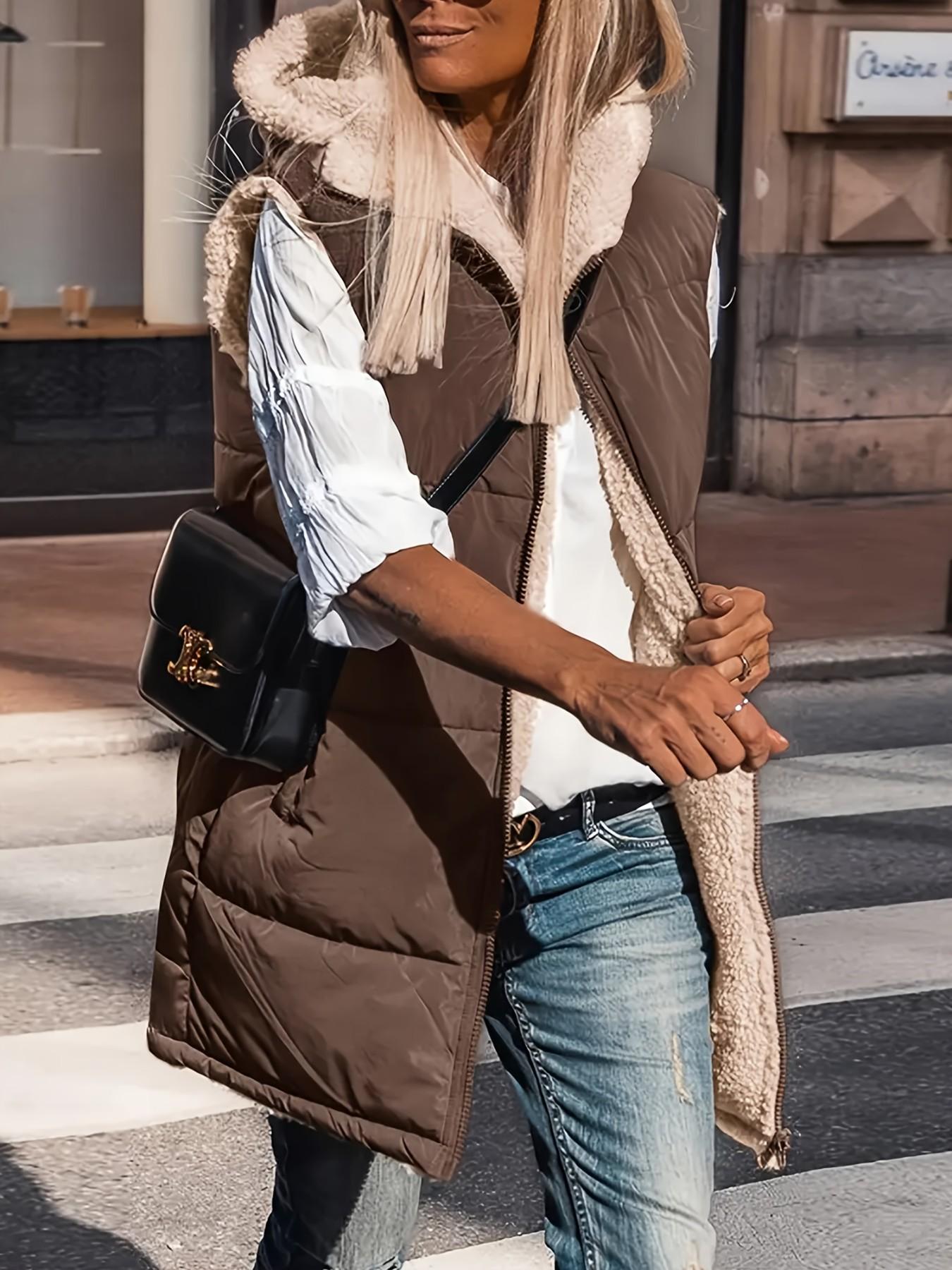 Women's Warm Reversible Sleeveless Fleece Jacket, Zipper Vest, Long Coat with Zipper Closure, Pocket and Hooded Casual Outerwear, Cozy Winter Fashion