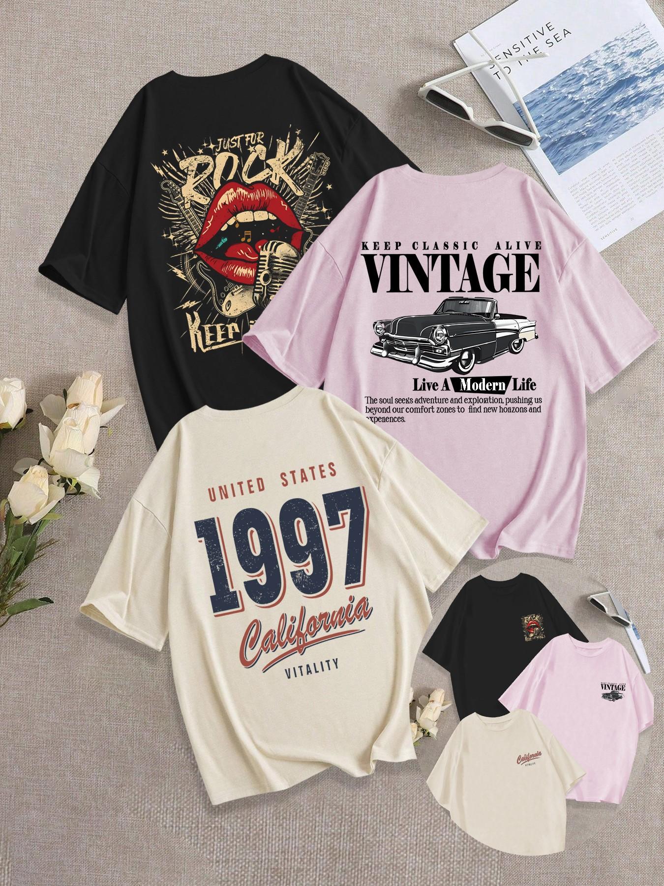 3-Pack Breathable Casual, Classic Loose Fit Round Neck T-Shirt, Vintage Comfortable Mouth/Car Pattern Print Daily Wear, Trendy Summer Tee