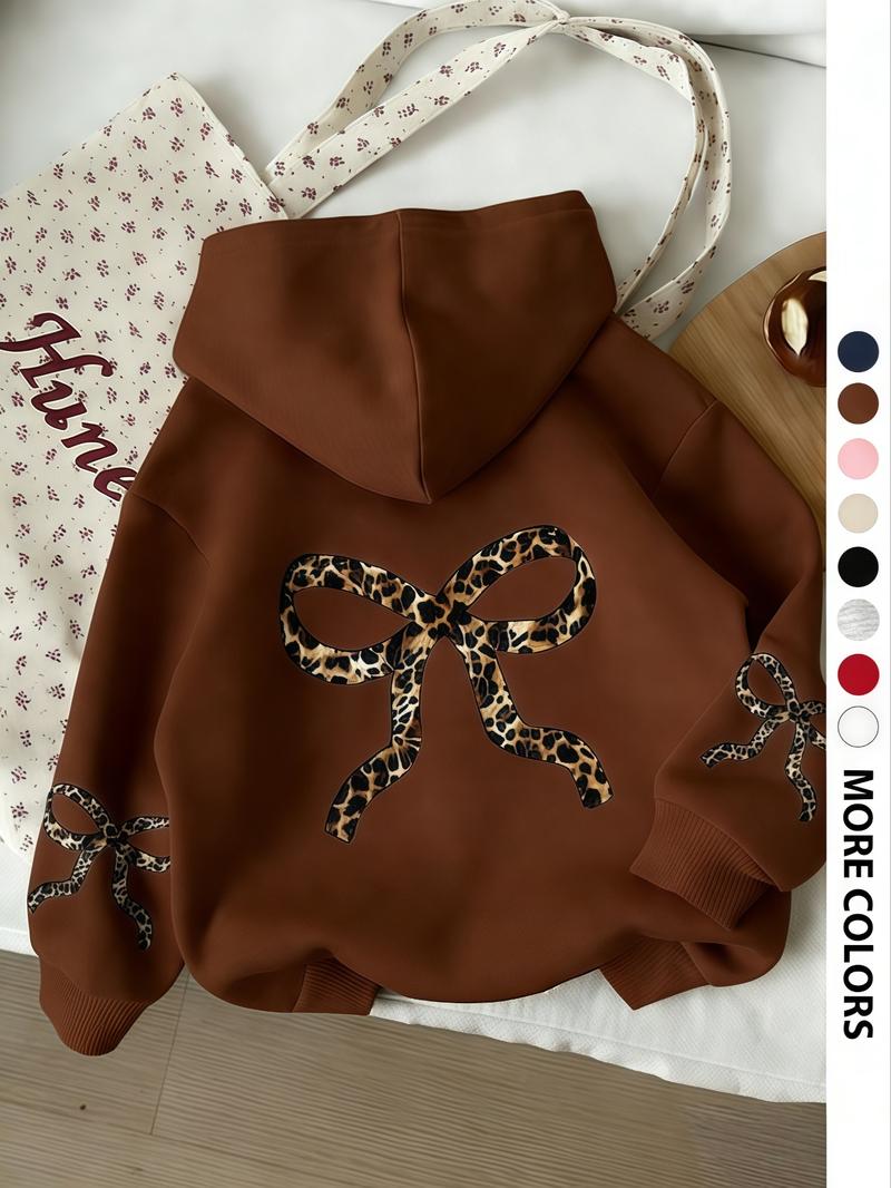 Women's Vintage Leopard Bow Design Hoodie, Casual Long Sleeve Sweatshirt, Fall & Winter Clothing, Daily Wear