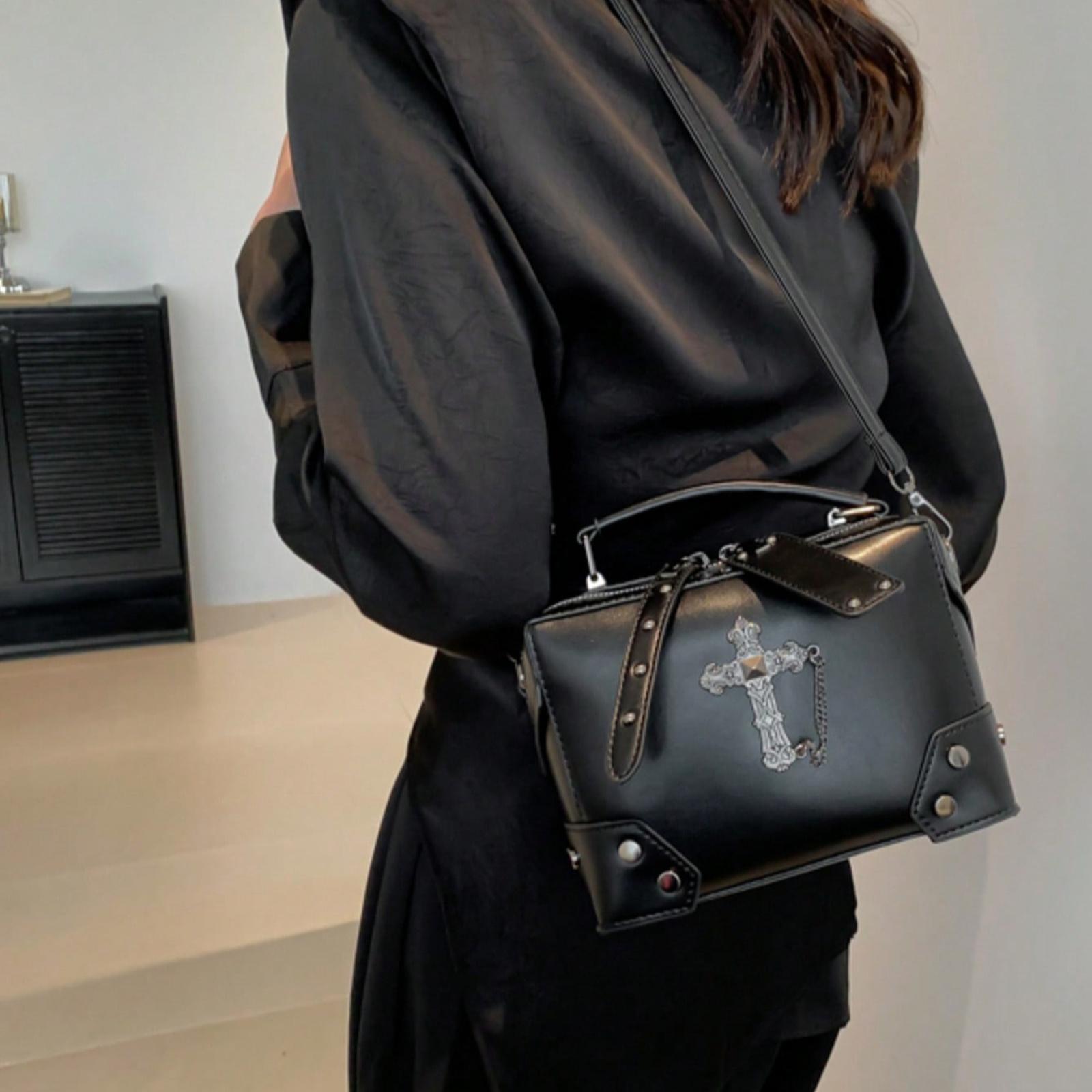 Black Cross Decorated Punk Rock Motorcycle Style Box Bag, Stylish Rivet Detail Shoulder Crossbody Makeup Everyday Bag for Women, Perfect for Daily Use and Dating Gift