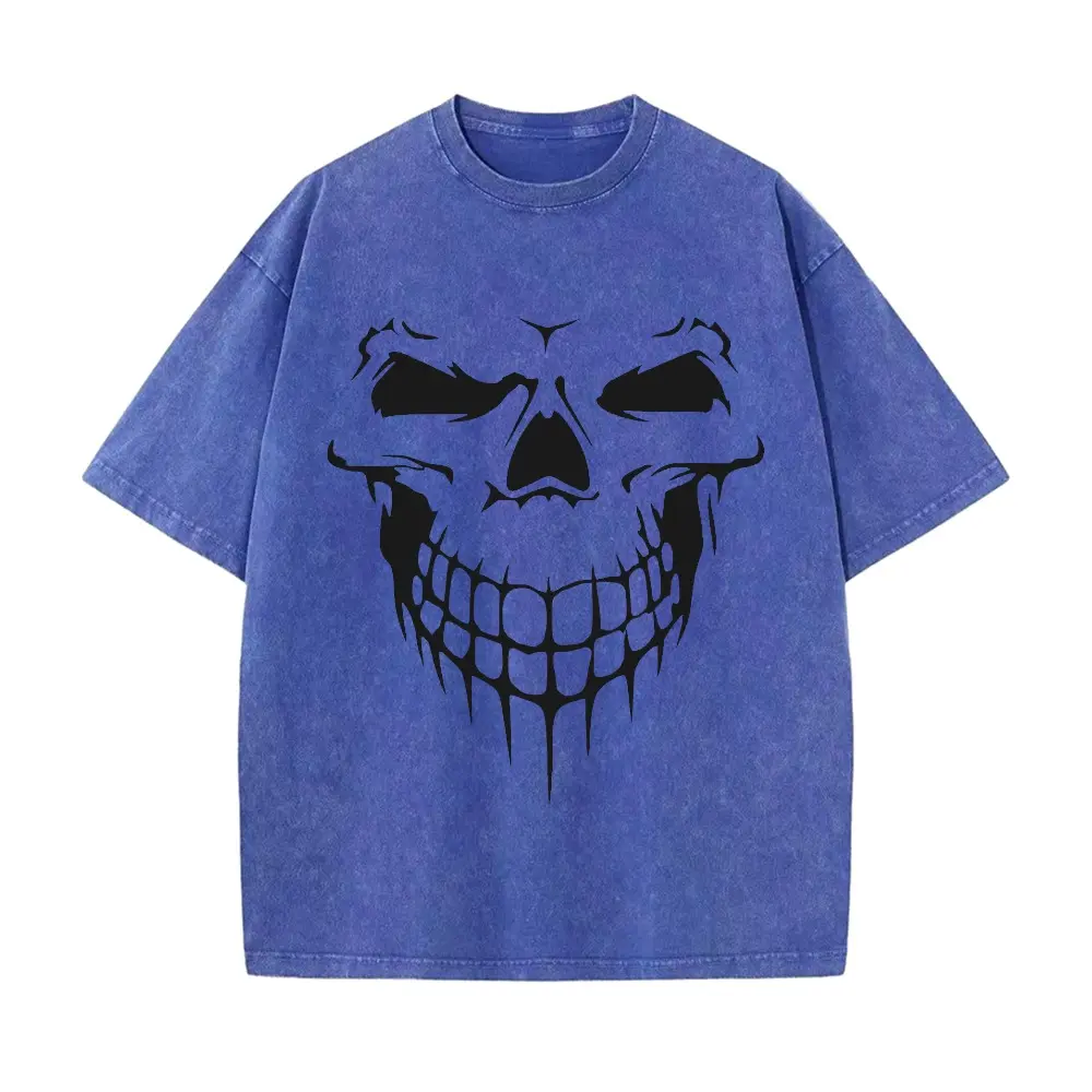 Gothic Skull Face T-Shirt, Halloween Evil Spooky Smile Graphic Tee, Punk Rock Costume Oversized Top for Men Women