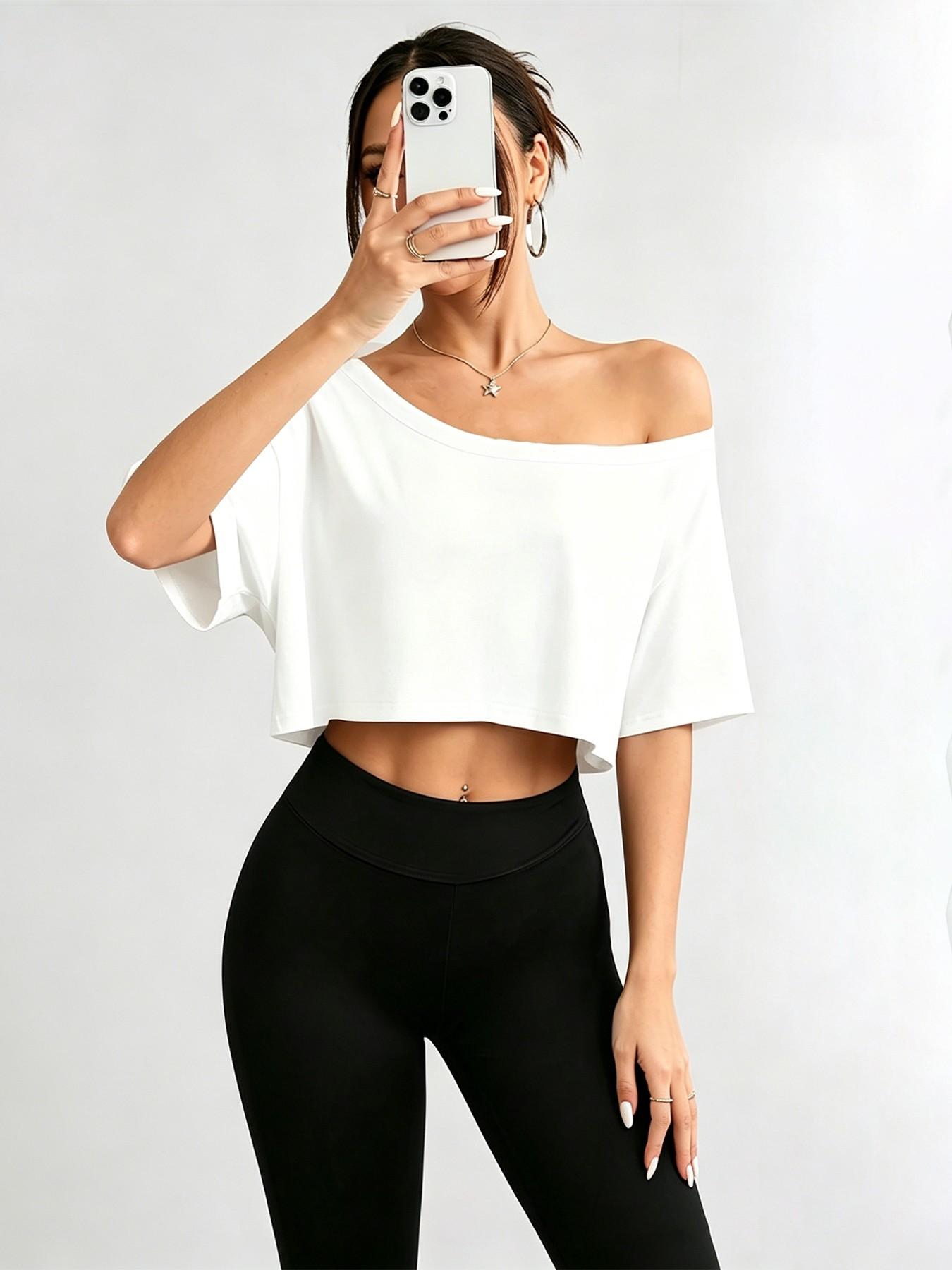 Women's Off Shoulder Crop Tops 2 Pack - Soft Breathable Y2K Oversized ...