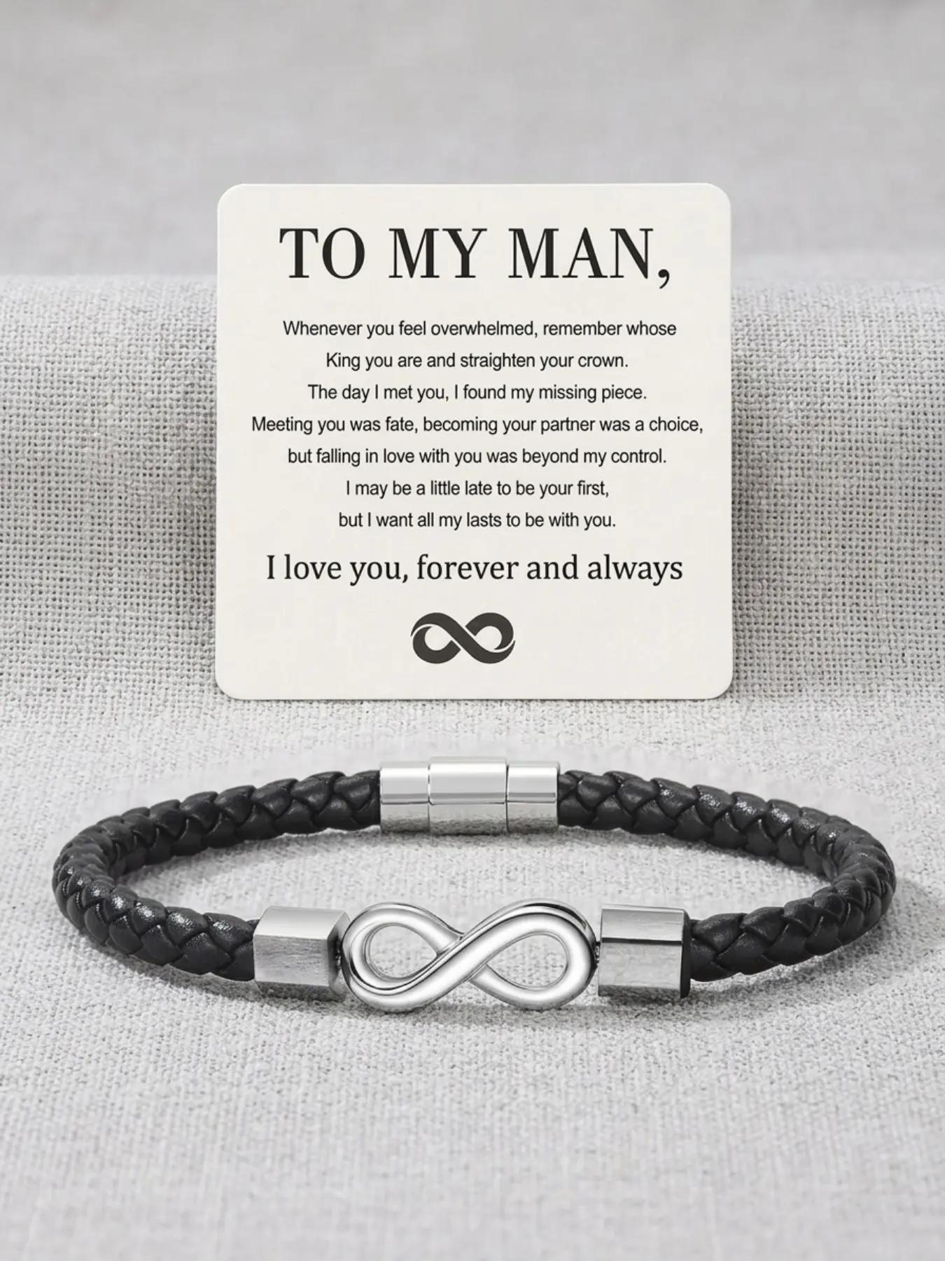 To My Man, Eternal Infinity Leather Bracelet Infinity Symbol Bracelet Husband Gifts from WifeI Love You Forever and Always Bracelets Boyfriend Anniversary Birthday Christmas Fathers Gifts for Men Son Grandson Heartfelt Gift Elegance Eternal Commitment