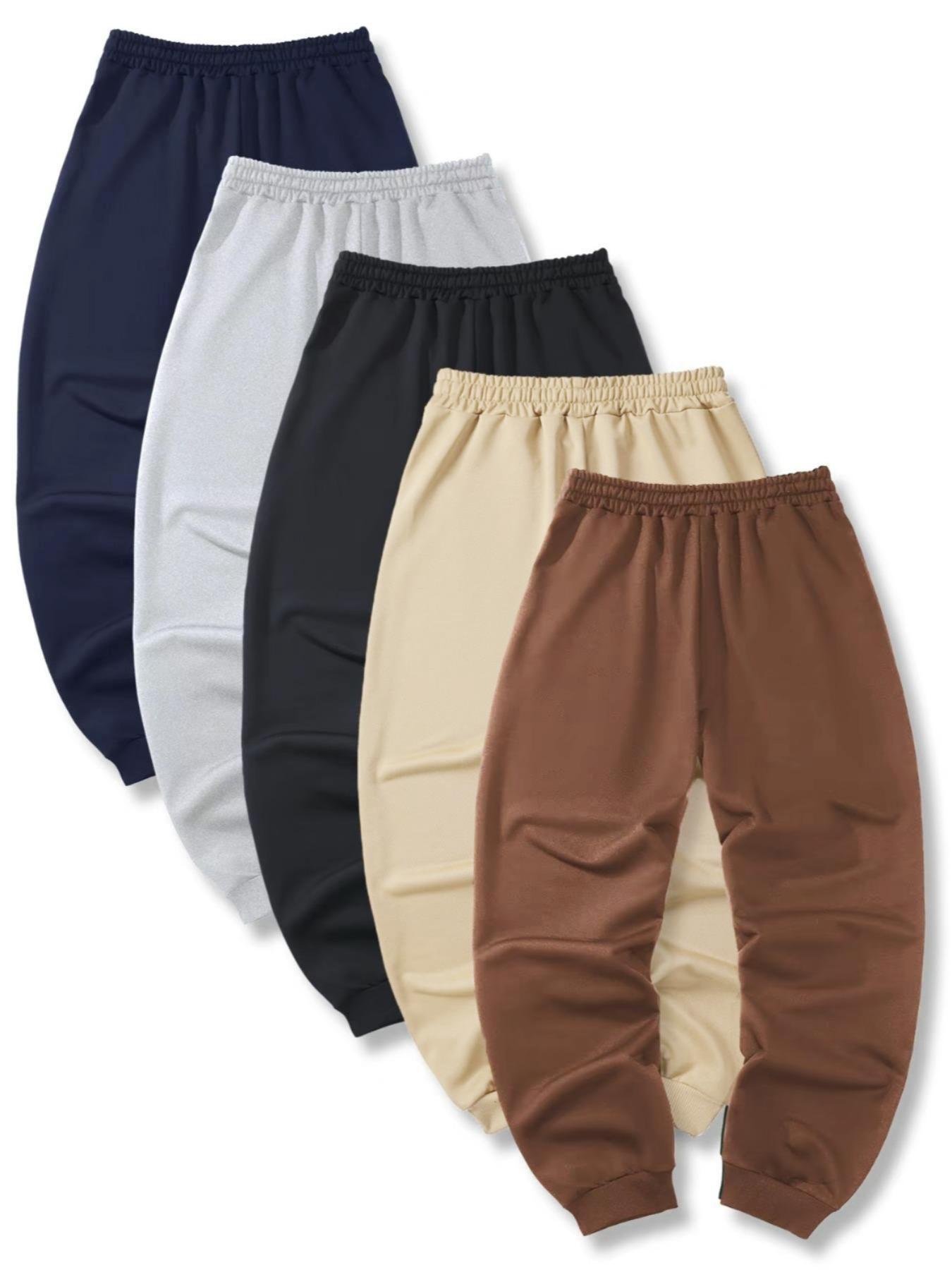 Men's Spring Autumn Solid Color Drawstring Joggers with Ribbed Cuffs, 5-Pack Casual Outdoor Sports Pants for Comfortable Fit