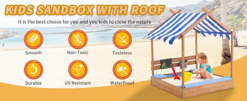 Lino Kids Large Wooden SandBoxes with Roof, Pipleo Outdoor Sand Box Play Canopy for Backyard Garden Beach, Sand Pit for Beach Patio Outdoor Playhouse