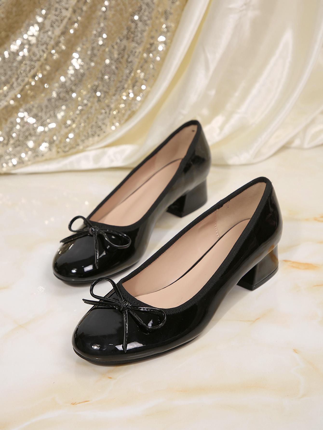 mysoft Women's Patent Leather Low Heel Pumps - Bow Accent Slip-On Heels for Women, Office, Wedding