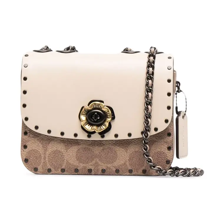 COACH Madison 16 Camellia-Embellished Rivet Flap Chain Crossbody Bag for Women, Calfskin, Beige and Vintage Print