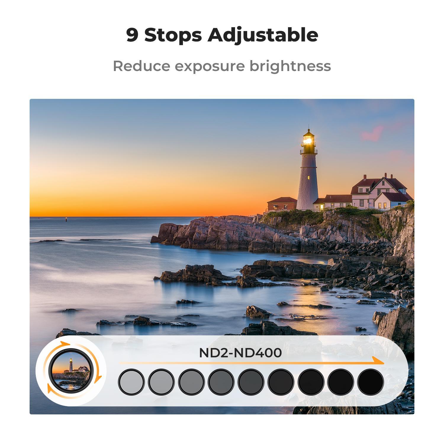 【K&F CONCEPT】  ND2-ND400 Variable ND Camera Lens Filter (1-9 Stops) + Filter Cap + Cleaning Cloth 18 Multi-Layer Coatings Adjustable Neutral Density Ultra Slim Lens Filter (K-Series)