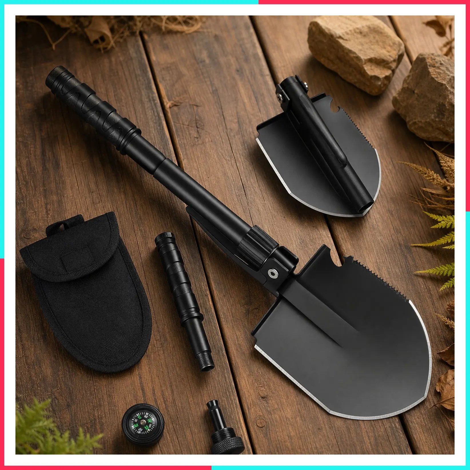 Folding Camping Shovel with Pick, 18.3in Heavy Duty Carbon Steel Entrenching Tool, Military-Grade Collapsible Survival Shovel for Car Emergency, Camping, Hiking, Gardening