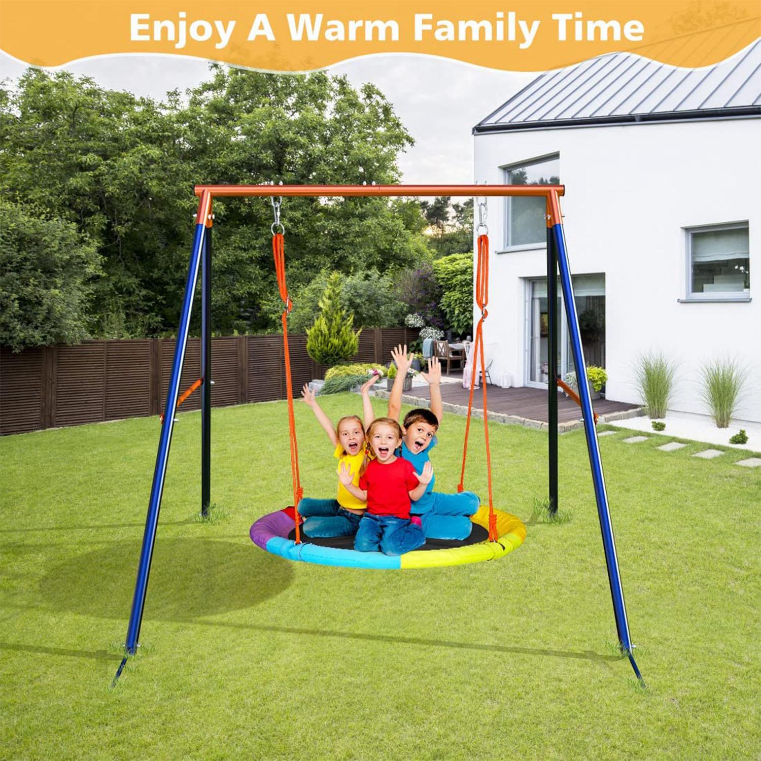 Aowos Swing Set for Kids, Saucer Swing with Heavy-Duty Metal Frame and Adjustable Ropes for Kids Outdoor, Safe Waterproof Round Swing for Backyard Playground Park, Playground for Kids, Rainbow Color, Birthday Gift, Columpio para niños, Christmas Gift