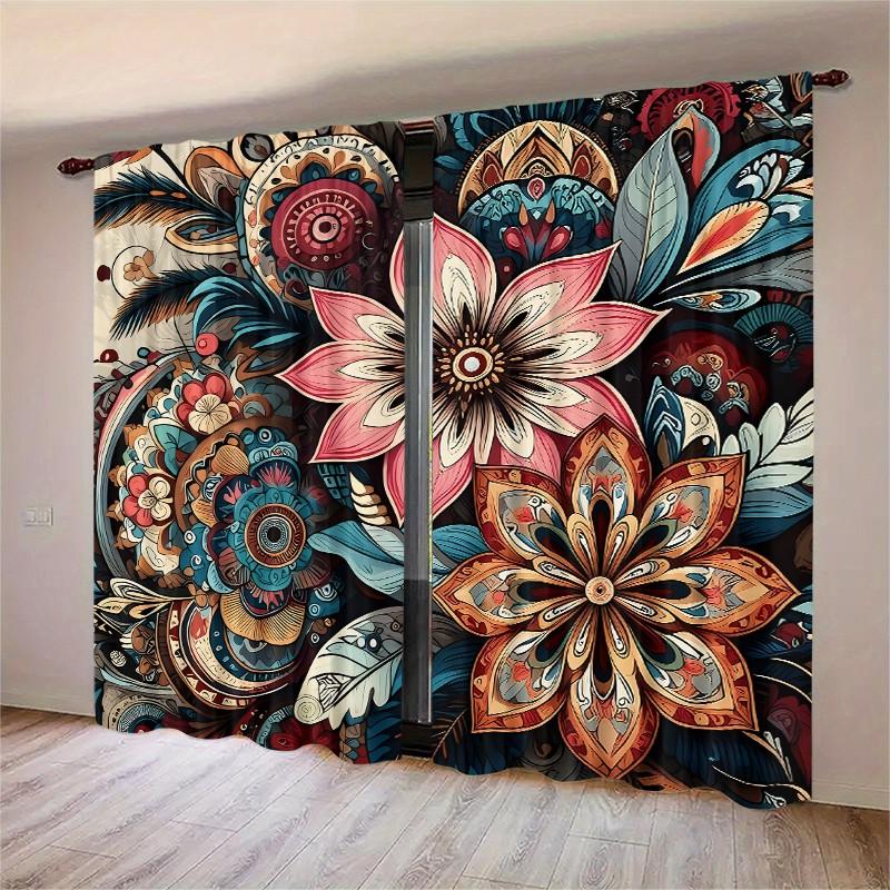2 pieces of retro mandala-style floral printed curtains, made of polyester with semi-transparent texture, machine washable, suitable for bedrooms, living rooms and home decoration curtains.